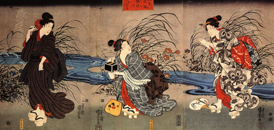 Woman catching firefly by a stream