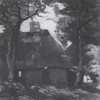 cottage with trees and a female peasant, nuenen