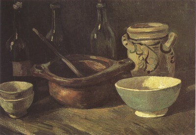 still life with three bottles and ceramic dishes, nuenen