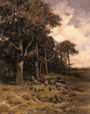 Jacque Charles Emile Shepherdess Resting With Her Flock