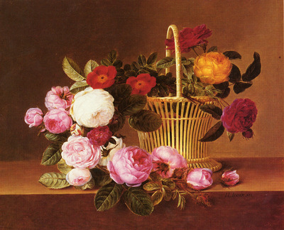 jensen johan laurentz danish 1800 to 1856 a basket of roses on a ledge snd 1825 o c 35 6 by
