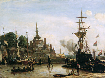 Jongkind Johan Barthold View on harbour Rotterdam Sun