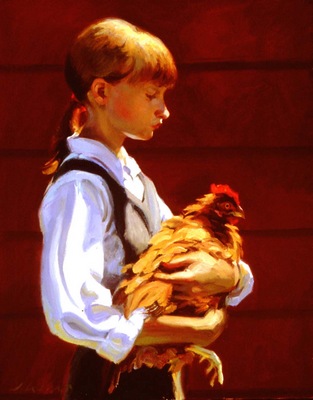 Larson Jeffrey 1999 Girl With Chicken 16by20in