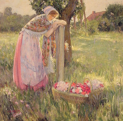 Resting by a basket of flowers