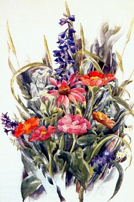 demuth zinnias larkspur and daisies