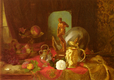 Desgoffe Blaise A Still Life With Fruit Objets D Art And A White Rose On A Table