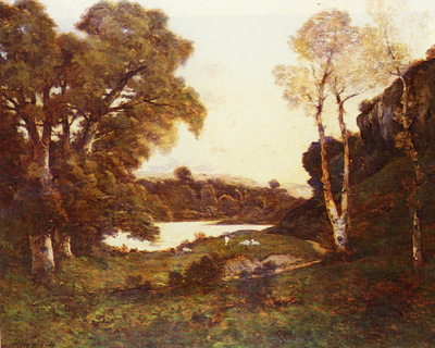 Harpignies Henri Joseph French 1819 to 1916 Goats Grazing Beside A Lake At Sunset SnD 1899 O c