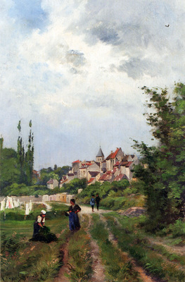 Harpignies Henri Joseph Washer Women On A Study Track With A Village Beyond