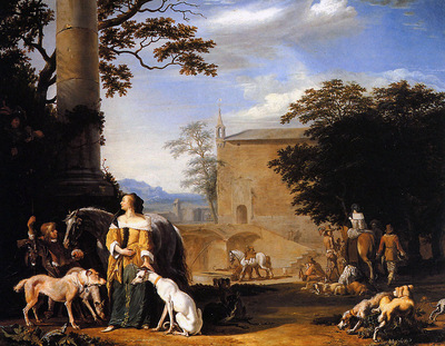 Hondius Abraham A hunting party with falcon Sun