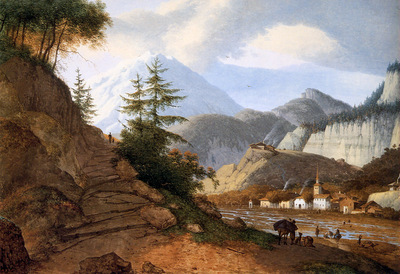 Knip Josephus Mountainous landscape with village and ford Su