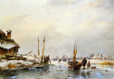 Schelfhout Andreas Winter view with ice boat Sun