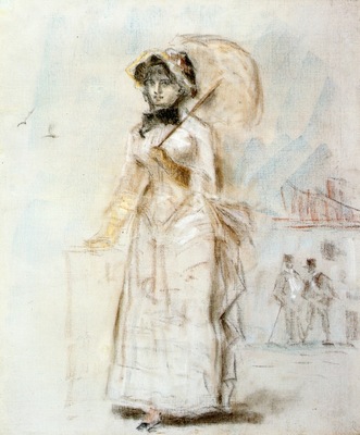 young woman taking a walk holding an open umbrella