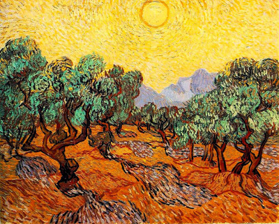 olive trees with yellow sky and sun