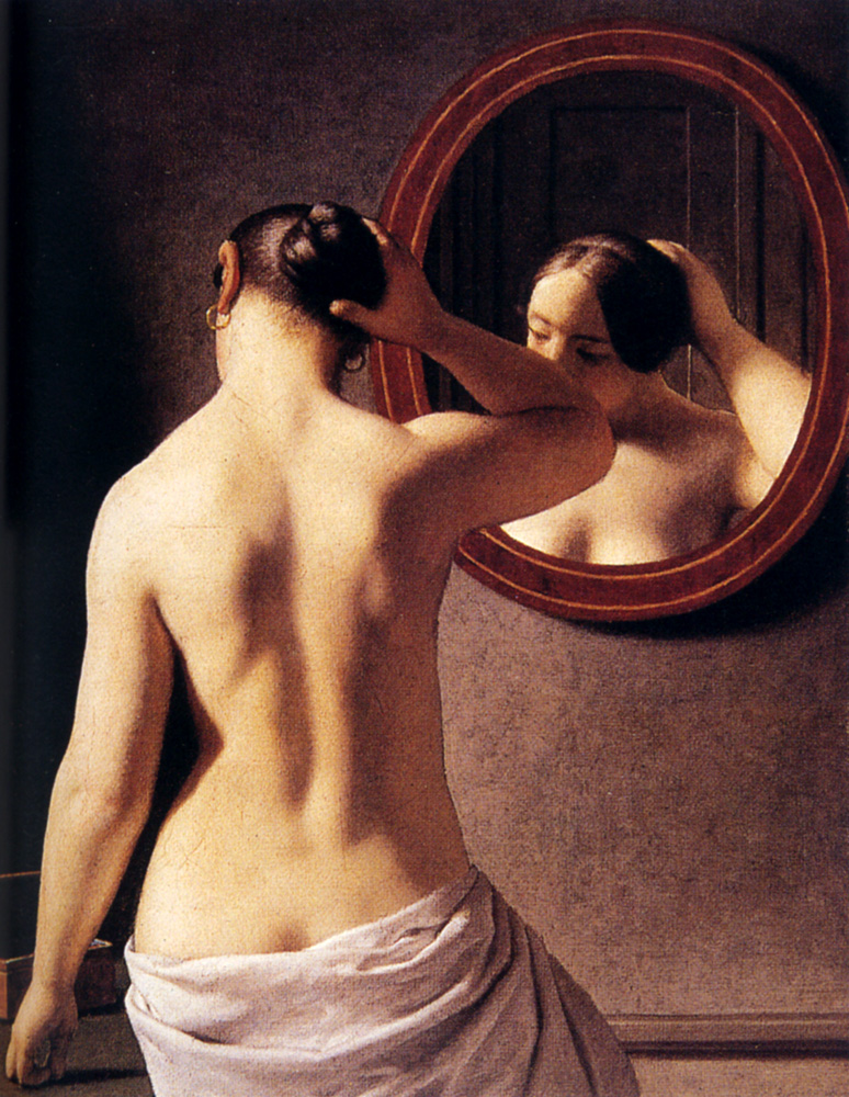 Young Topless Woman With Makeup And Towel On Head Standing In Front Of Mirror In Bathroom Sensual, Skin