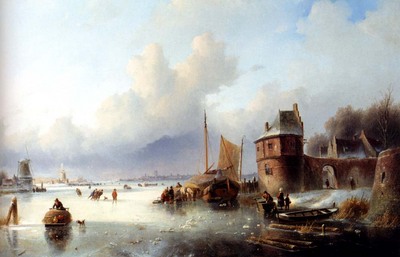Spohler Jan jacob A Winter Landscape With Numerous Skaters On A Frozen Waterway