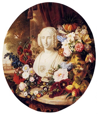 Sartorius Virginie De A Still Life With Assorted Flowers Fruit And A Marble Bust Of A Woman