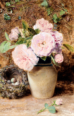 Hunt William Henry Still Life With roses In A vase And A Birds Nest