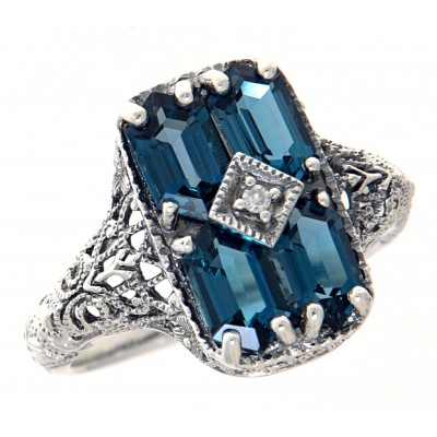 Art Deco Style 2 Carat London Blue Topaz Filigree Ring with Diamond - Sterling Silver